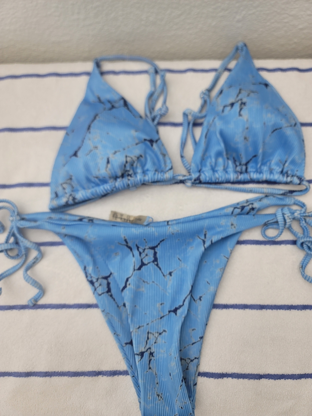 Zaful Blue Marble Ribbed Tie-Side Triangle Bikini